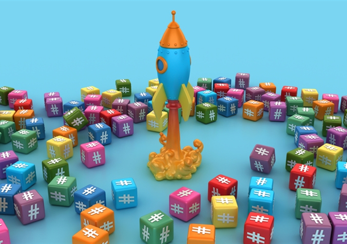 Scattered blocks showing hashtag symbols and a toy rocket