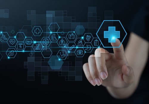 Image of a healthcare icons and a finger pointing to a cross icon